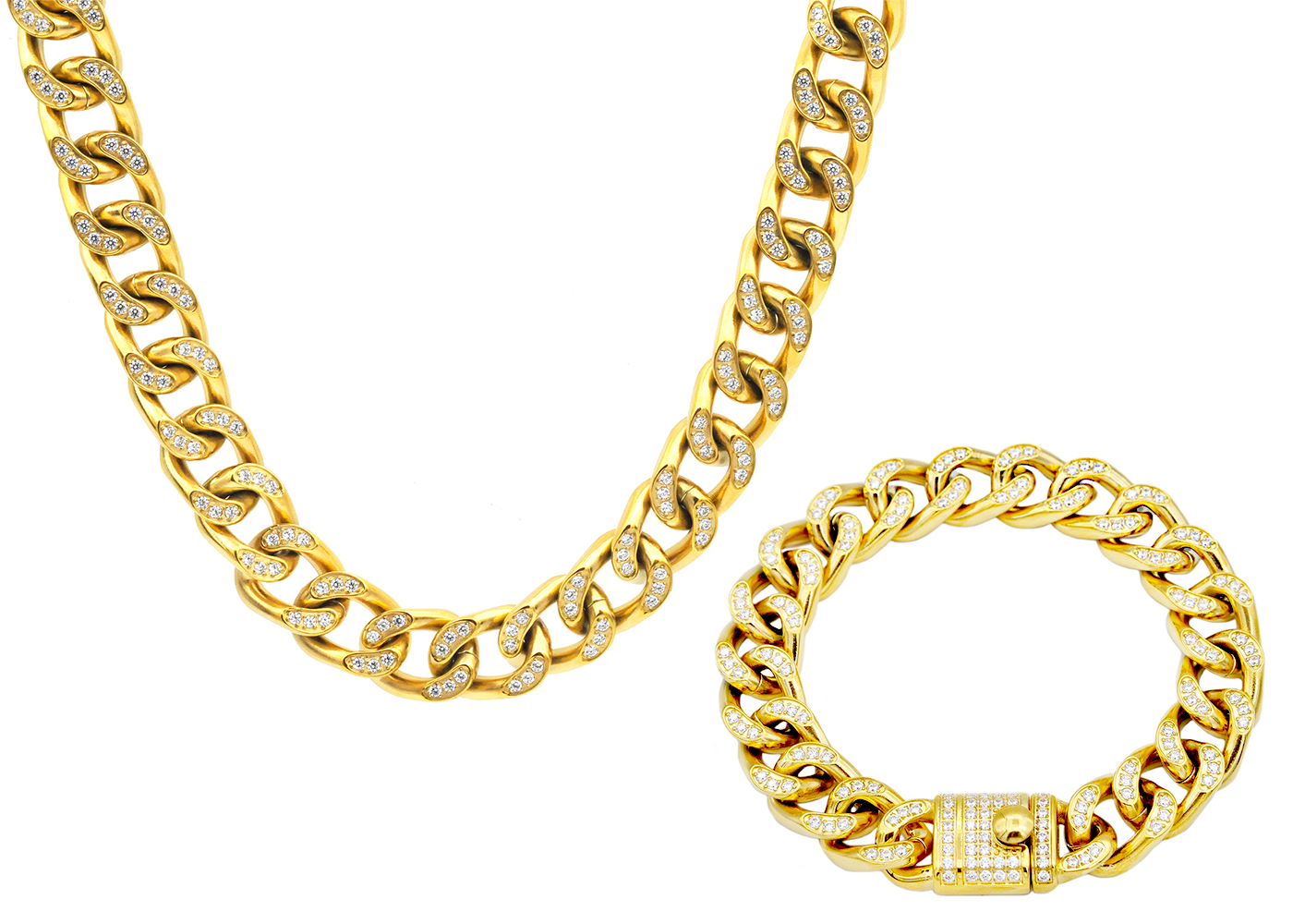 Blackjack Mens Jewelry - Men's Gold S.Steel Cuban Link CZ Bracelet & Necklace Set